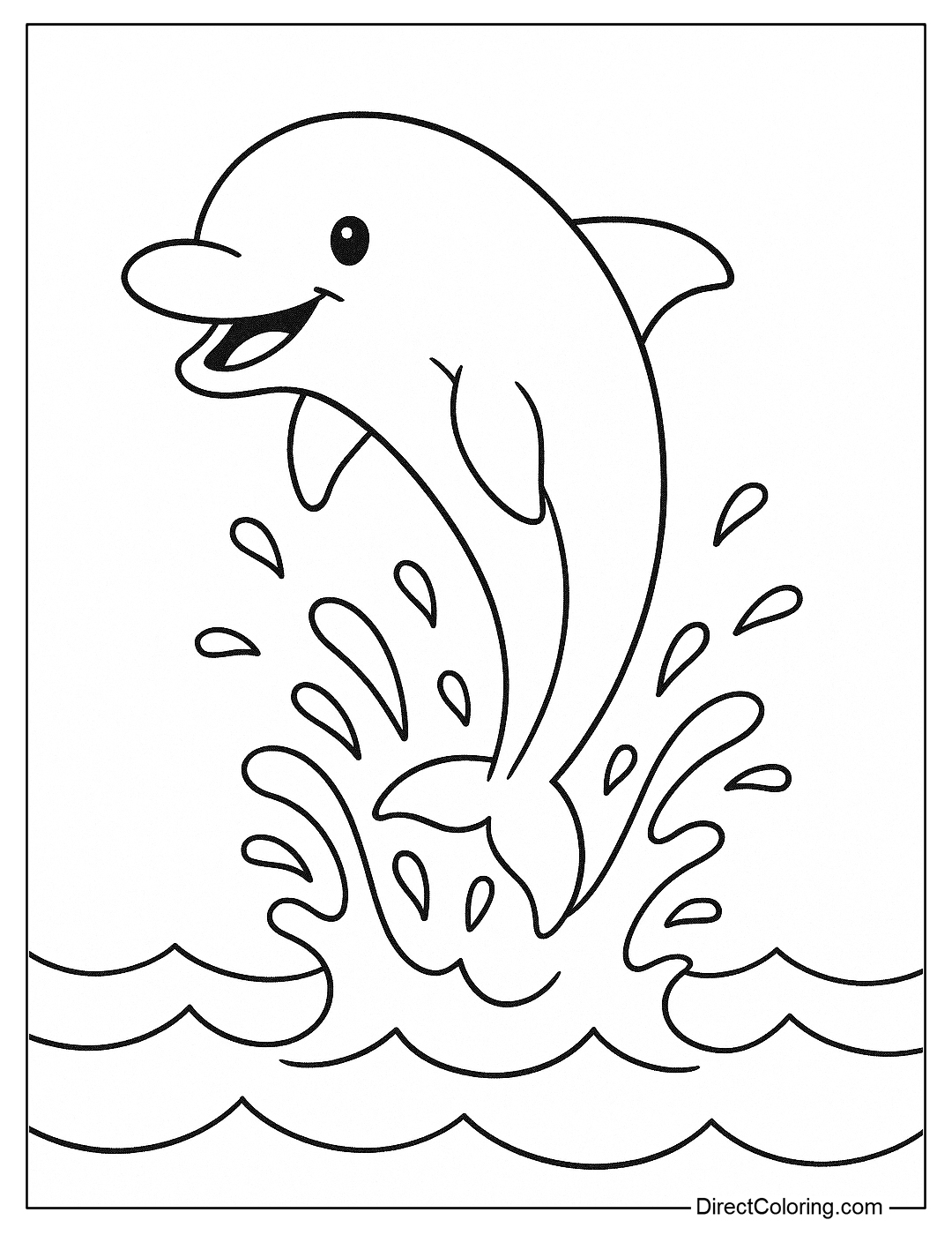 a beach coloring page with a dolphin jumping over the waves, splashing water.
